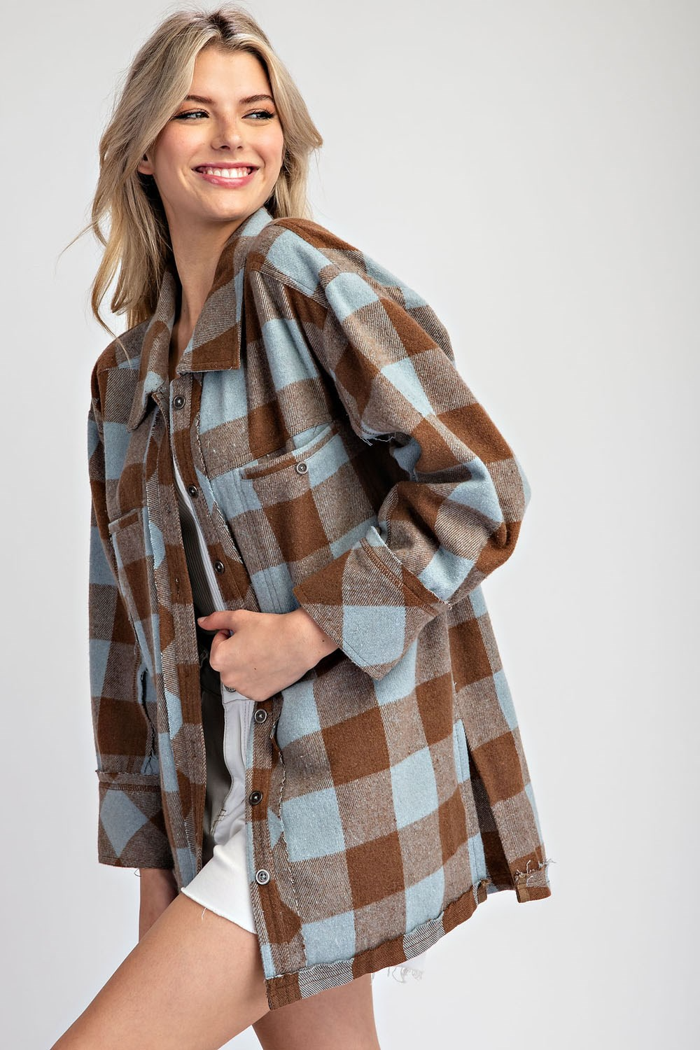 Checker print button down shacket