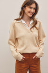 Mixed media V-neck sweater with layered shirt