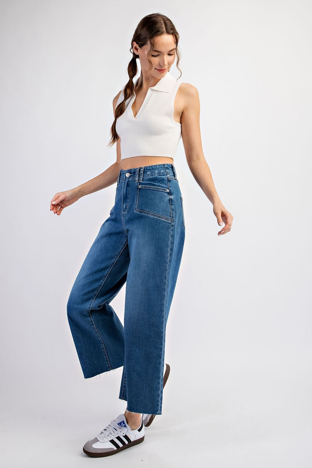 Cropped denim straight leg jeans