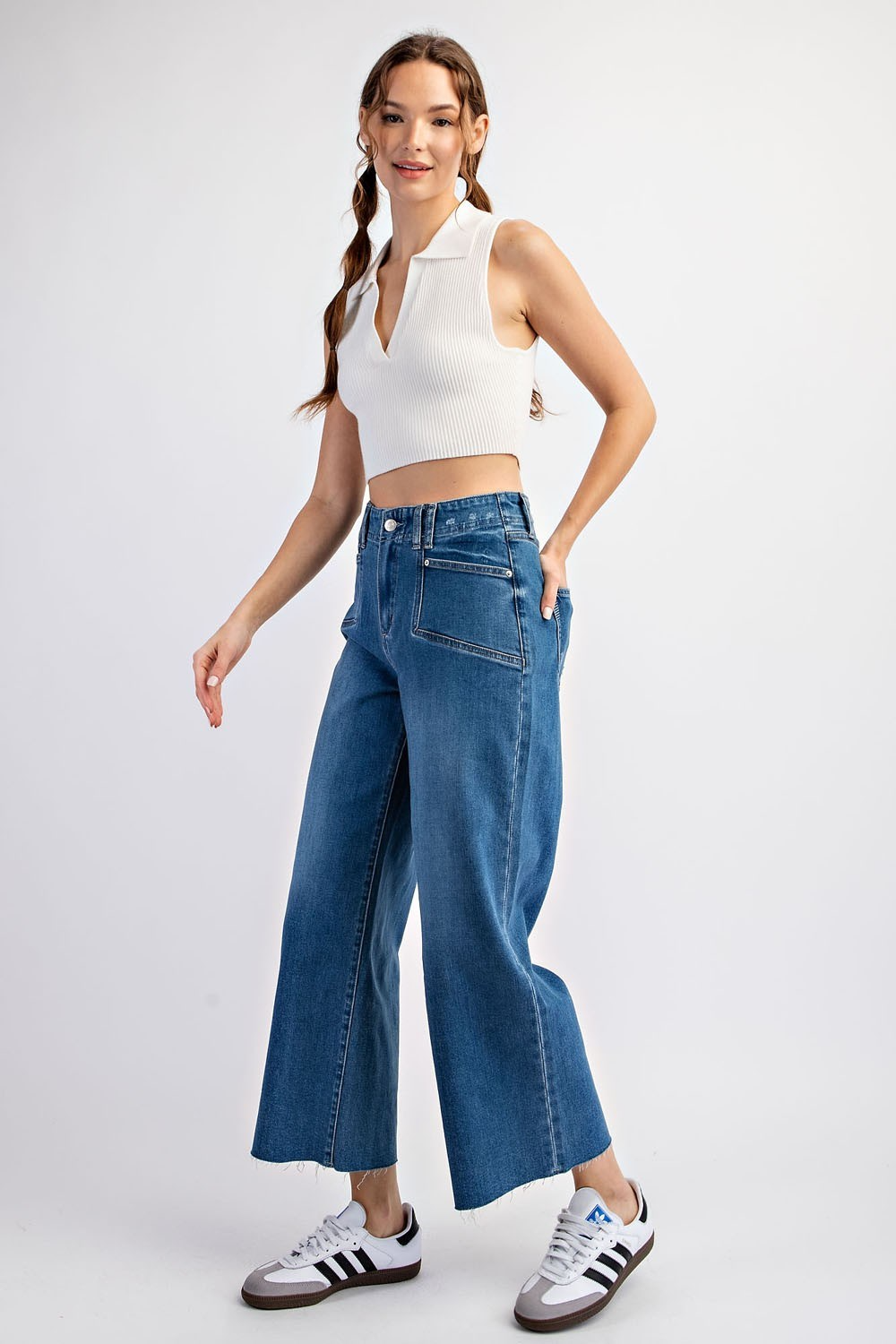 Cropped denim straight leg jeans