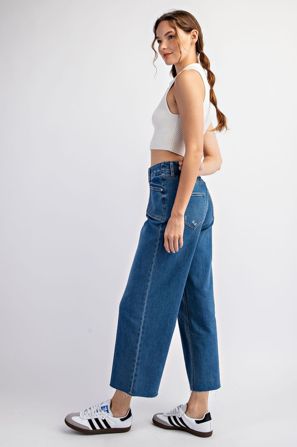 Cropped denim straight leg jeans