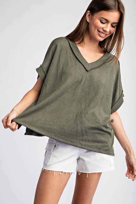 Textured V-Neck Short Sleeve Top