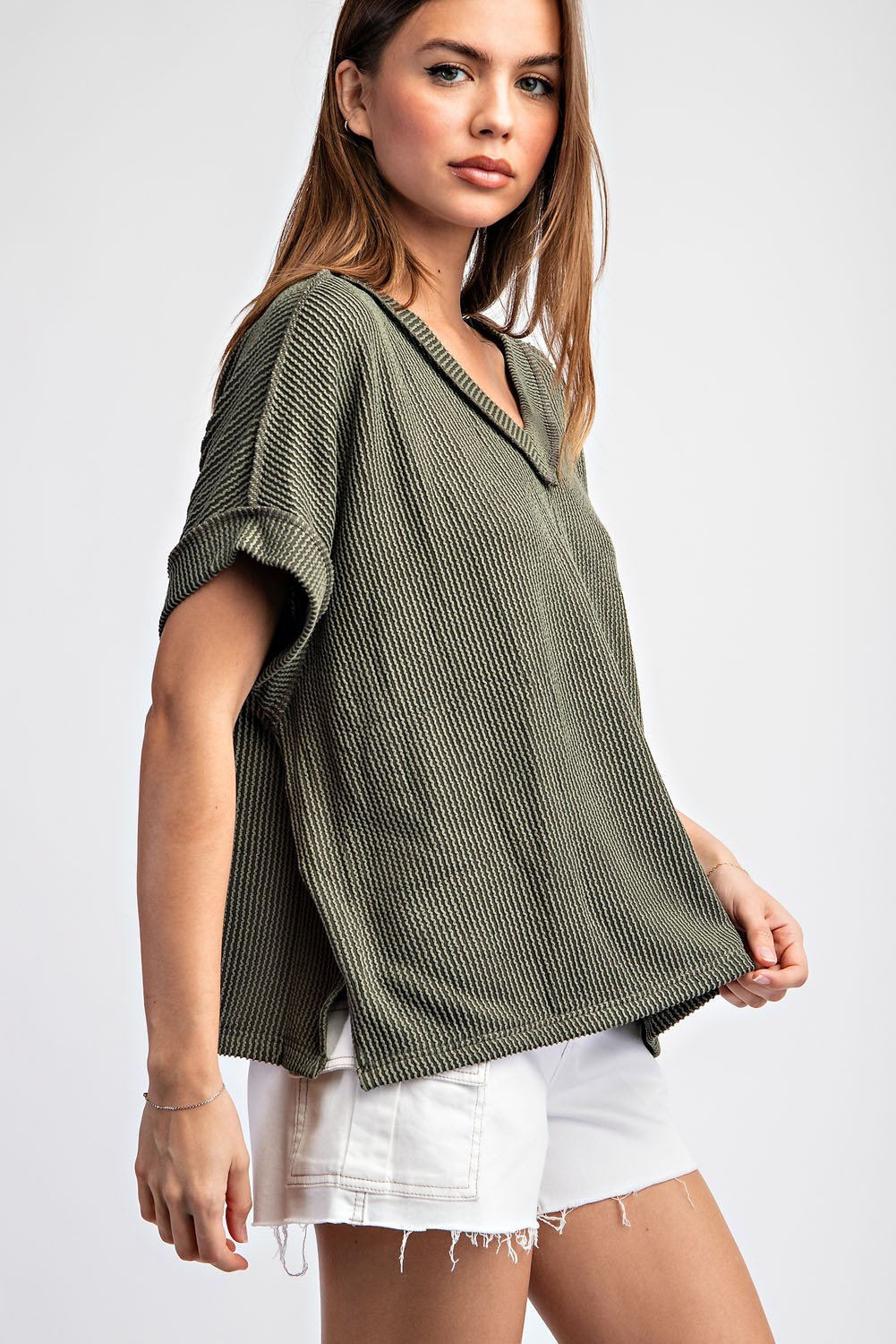 Textured V-Neck Short Sleeve Top