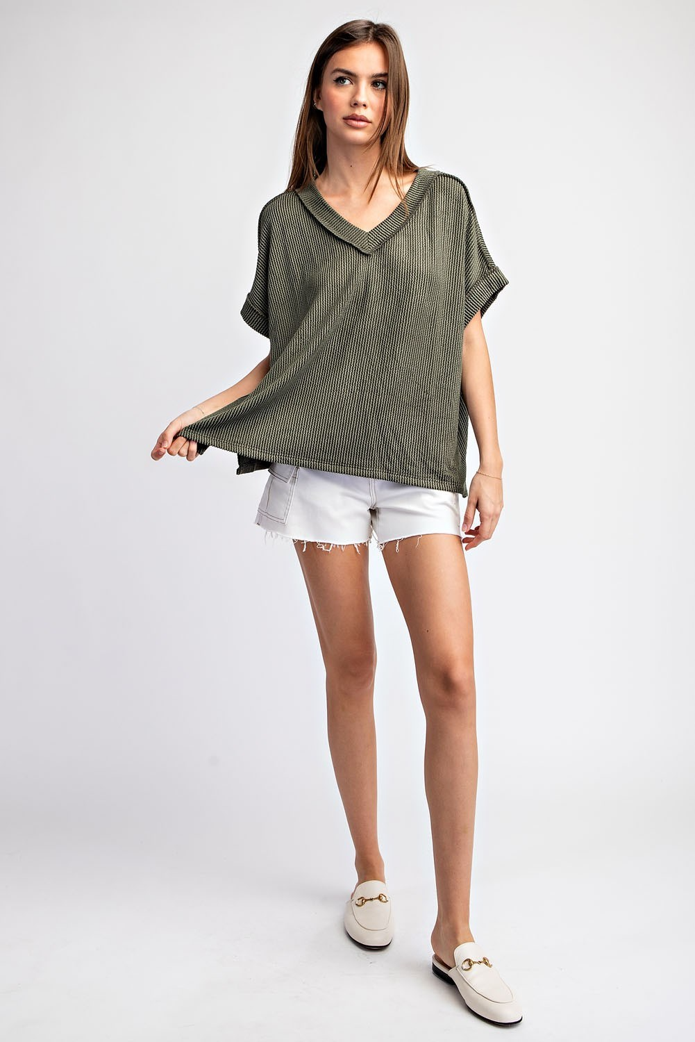 Textured V-Neck Short Sleeve Top