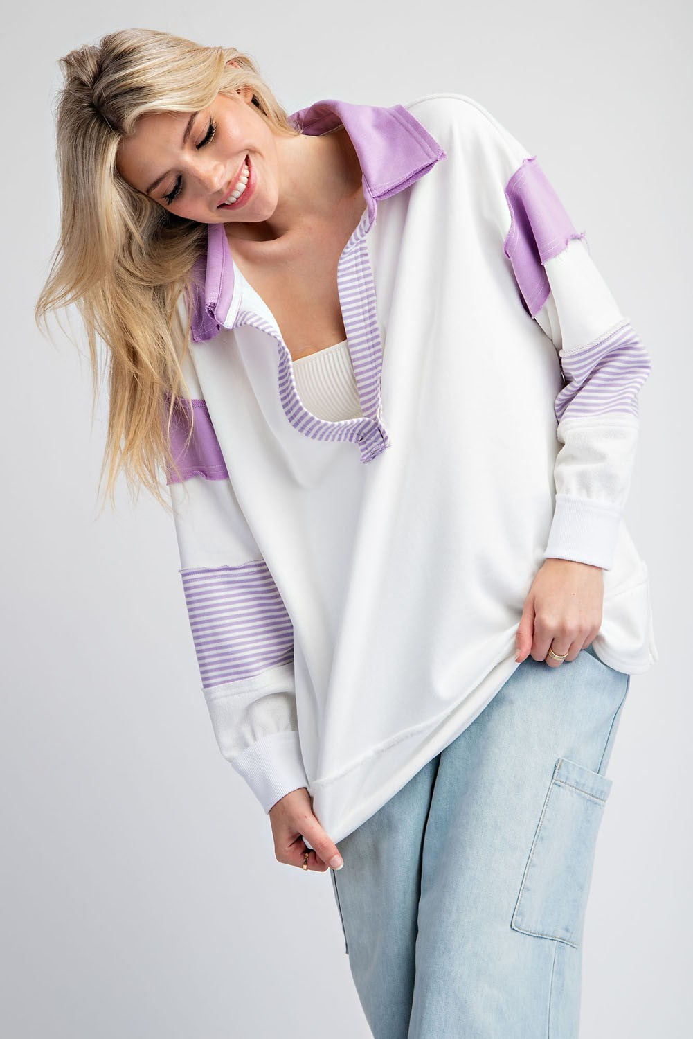 Soft washed color block long sleeve top