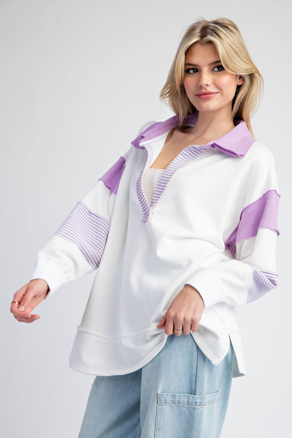 Soft washed color block long sleeve top