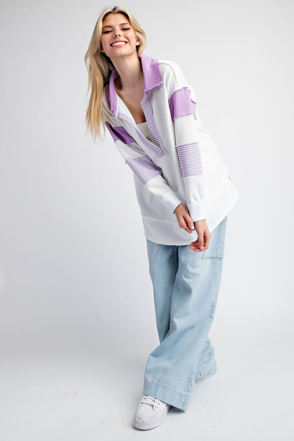 Soft washed color block long sleeve top