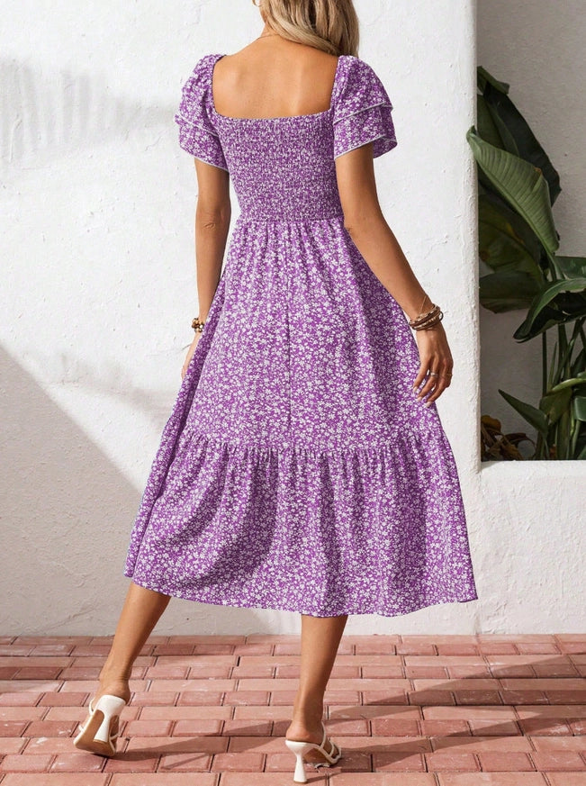 Floral square neck smocked short sleeve maxi summer dress