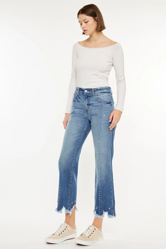 Kan Can high rise straight leg jeans with chewed hem