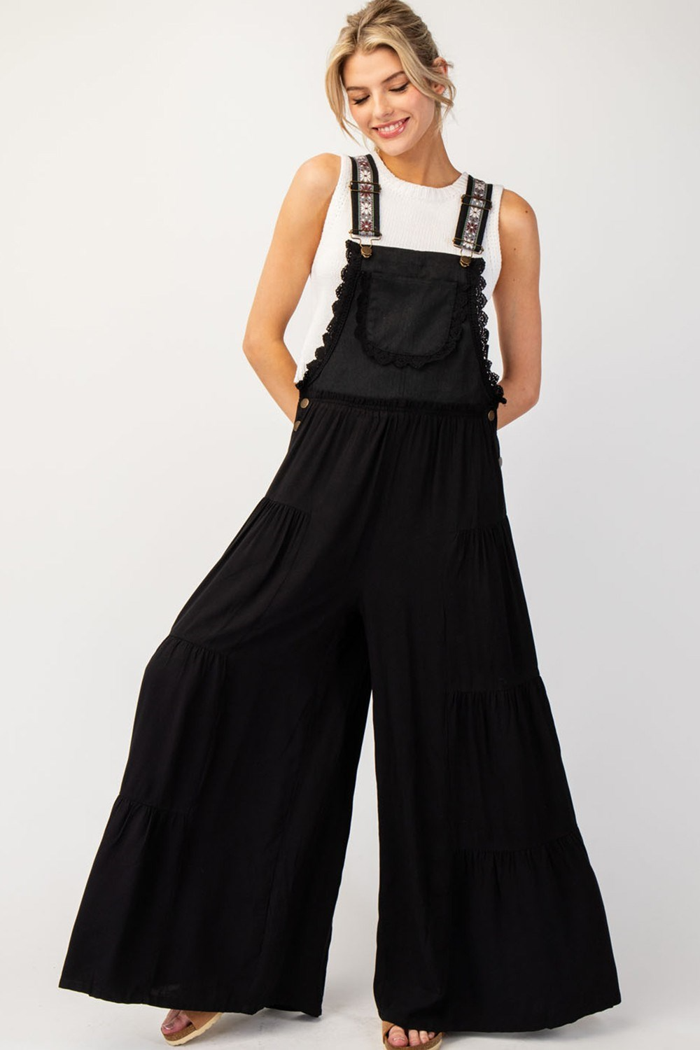 Lace trim tiered sleeveless jumpsuit