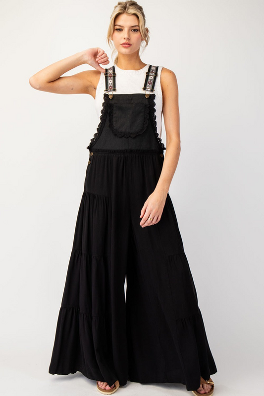 Lace trim tiered sleeveless jumpsuit