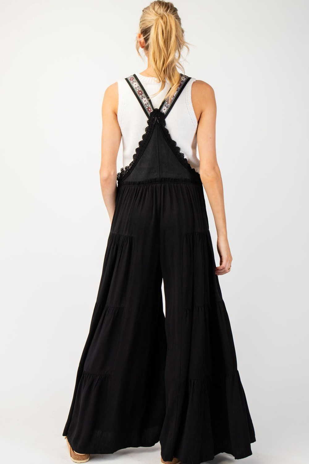 Lace trim tiered sleeveless jumpsuit