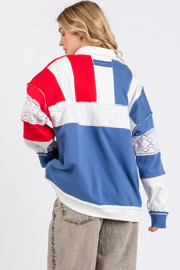 4TH of July Americana Multi Color Long Sleeve T-Shirt with Collar