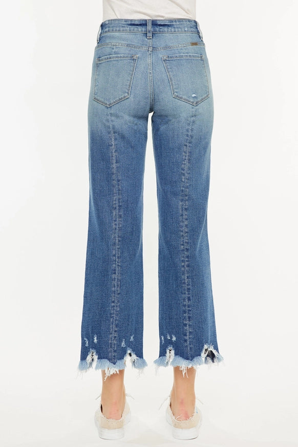 Kan Can high rise straight leg jeans with chewed hem