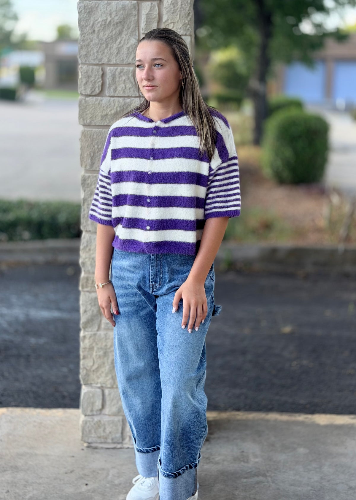 Striped fuzzy short sleeve cardigan top