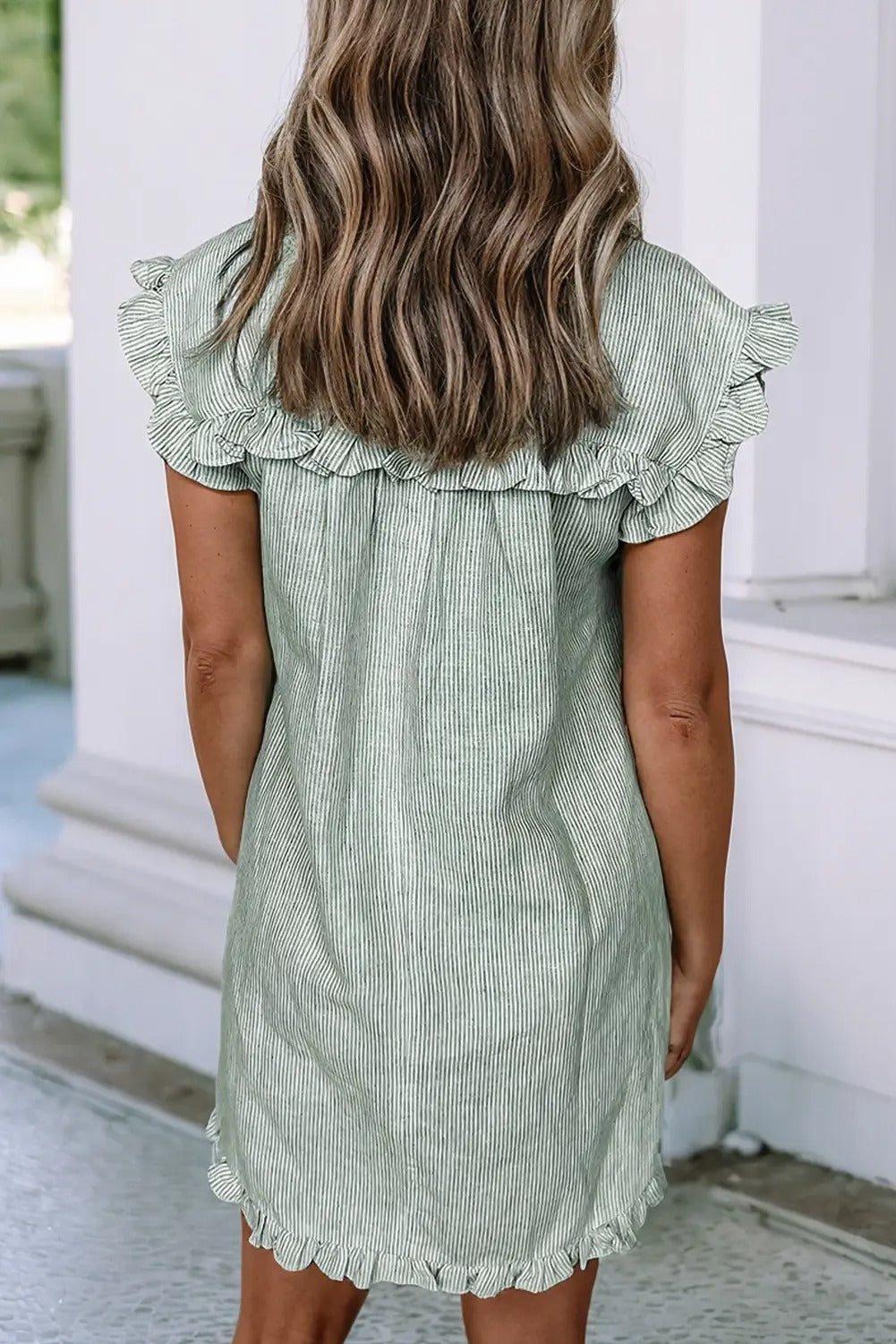 Ldc Stripe Frilled Short Sleeve Collar Mini Dress