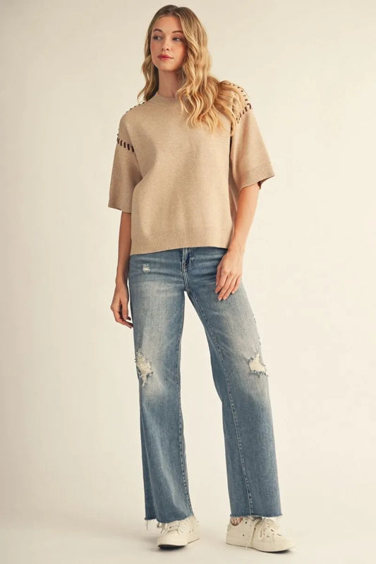 Drop shoulder comfy sweater top with stitch accent shoulder
