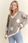 Drop shoulder V-Neck floral sweater top