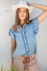 Washed ruffle trim flutter sleeve chambray blouse