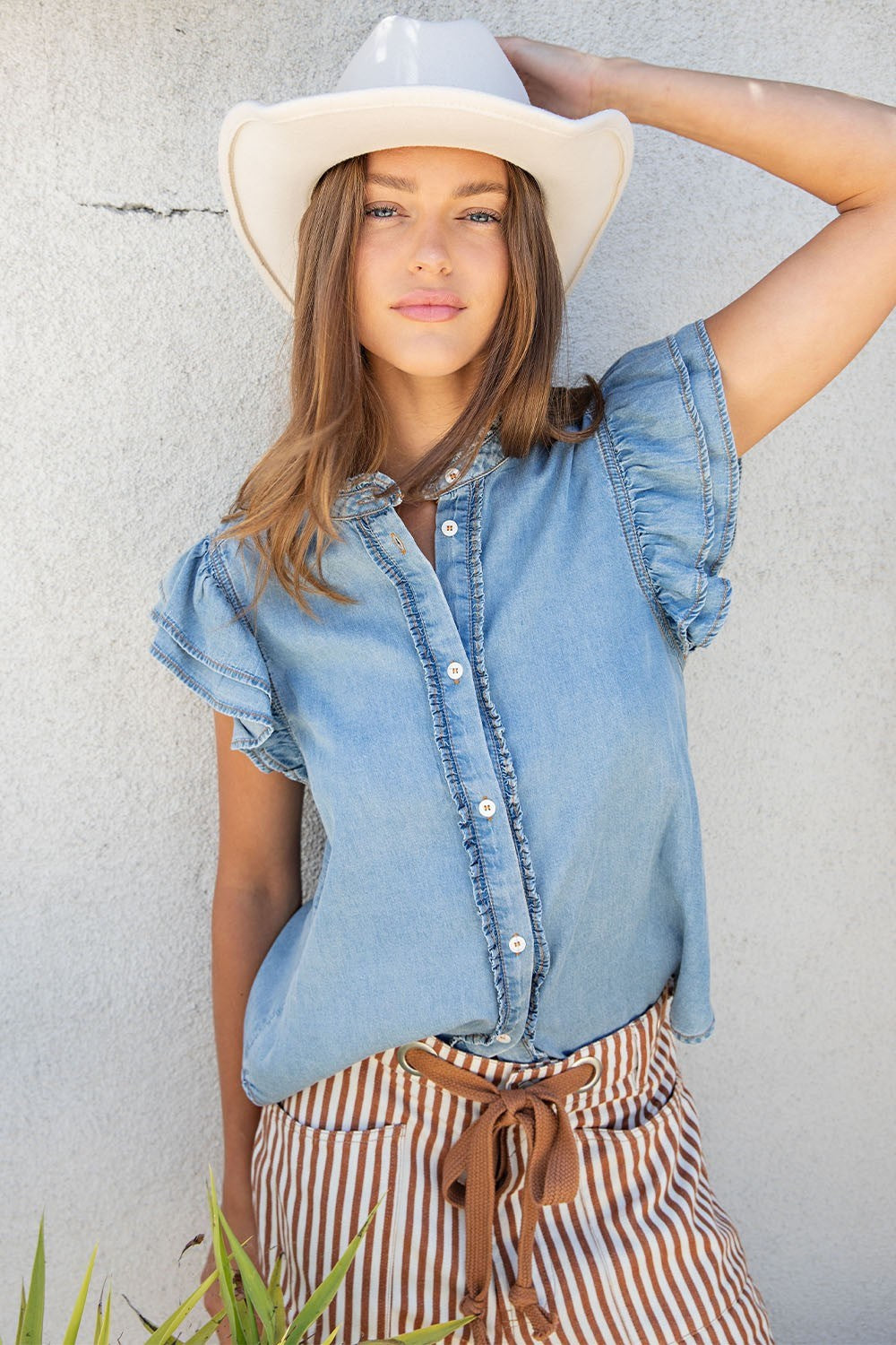 Washed ruffle trim flutter sleeve chambray blouse