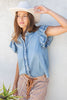 Washed ruffle trim flutter sleeve chambray blouse