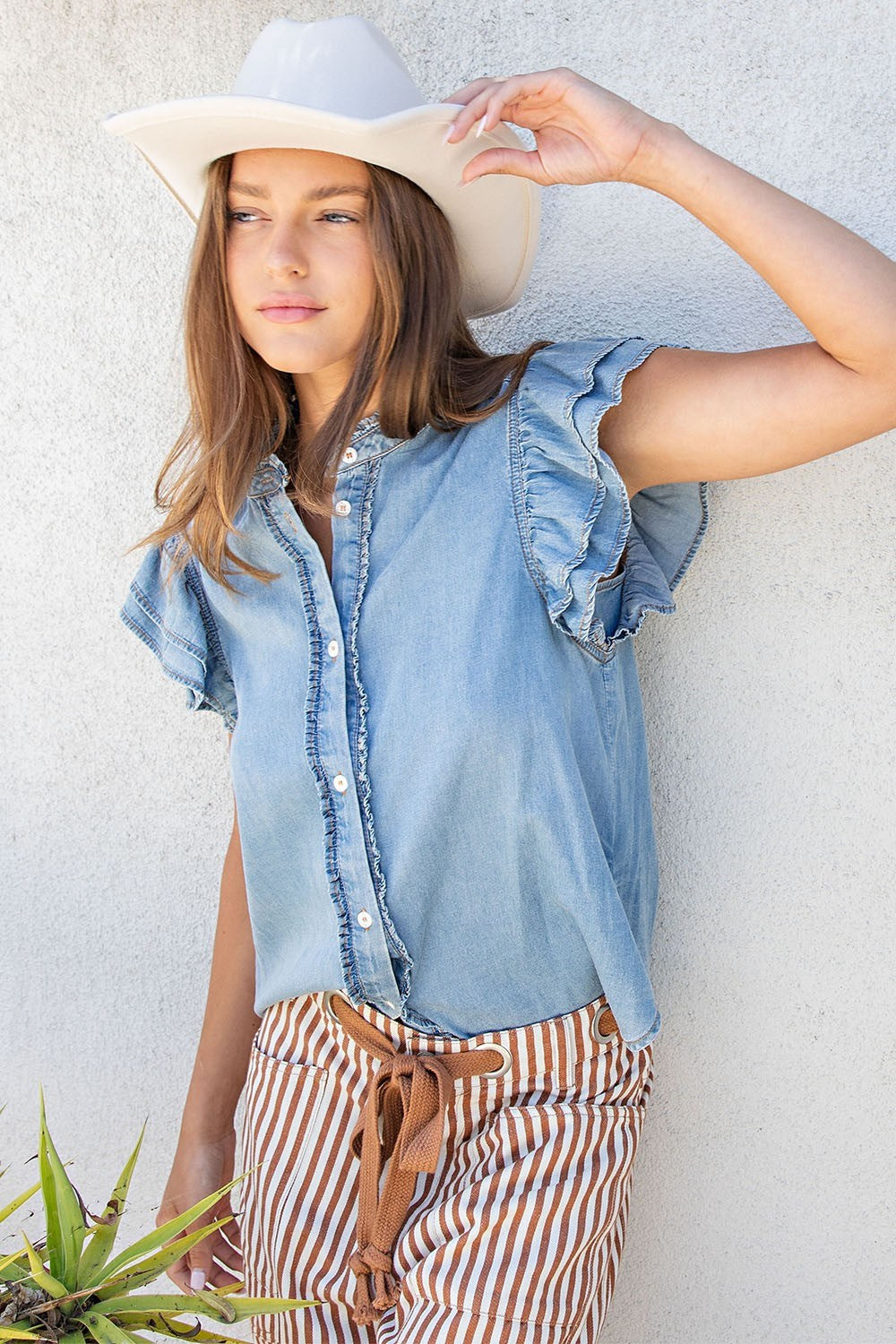 Washed ruffle trim flutter sleeve chambray blouse