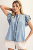 Washed ruffle trim flutter sleeve chambray blouse