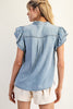 Washed ruffle trim flutter sleeve chambray blouse