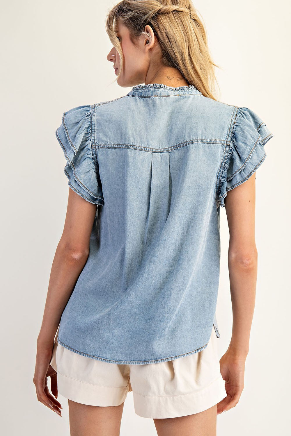 Washed ruffle trim flutter sleeve chambray blouse