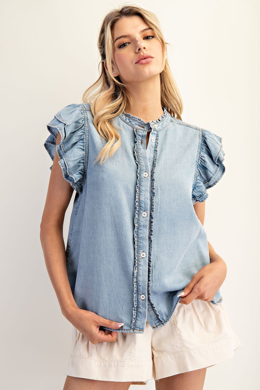 Washed ruffle trim flutter sleeve chambray blouse