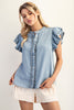 Washed ruffle trim flutter sleeve chambray blouse