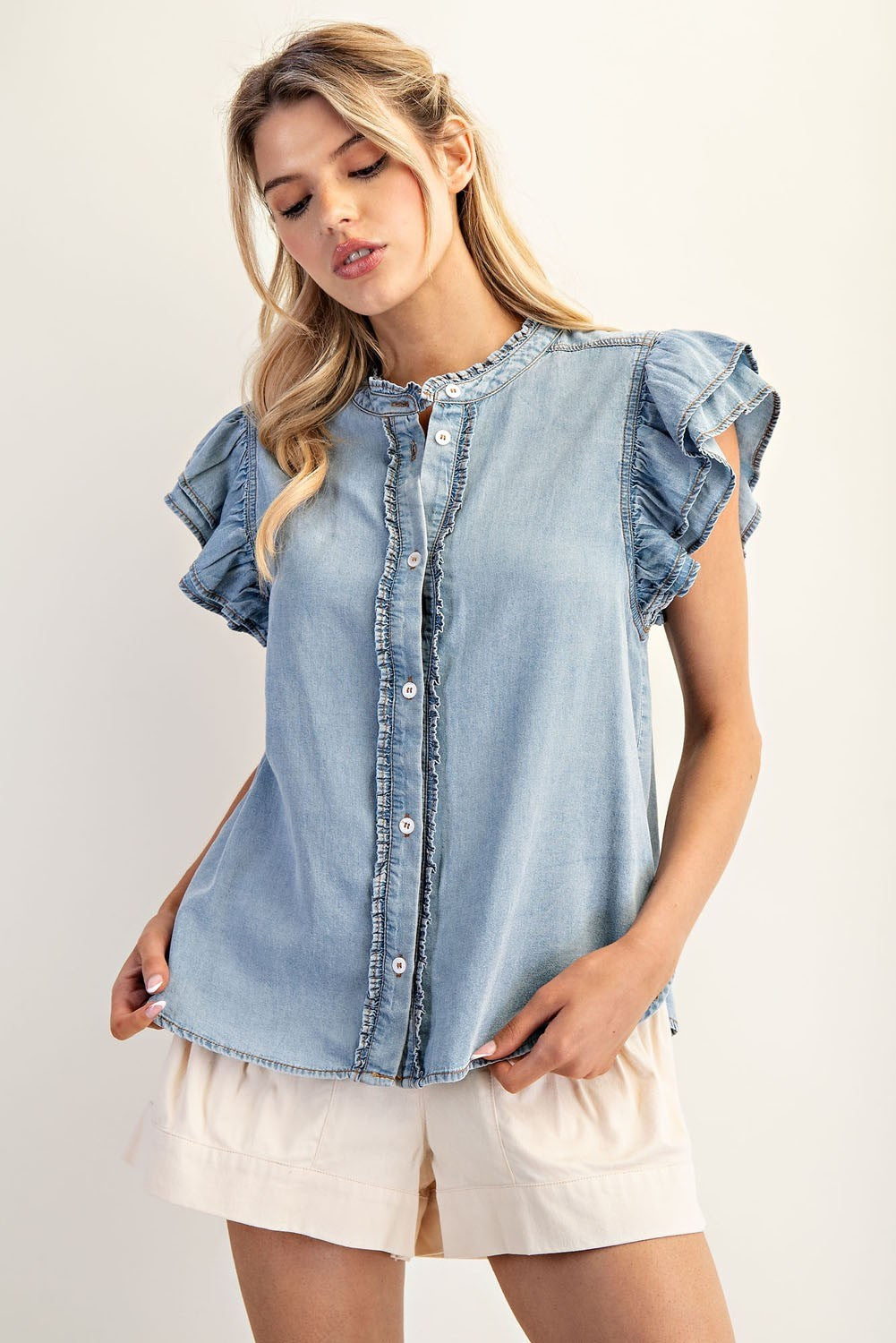 Washed ruffle trim flutter sleeve chambray blouse