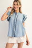 Washed ruffle trim flutter sleeve chambray blouse