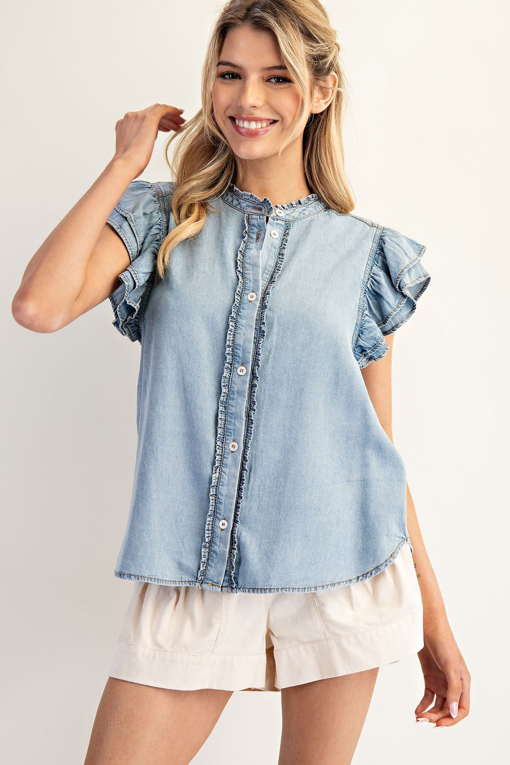 Washed ruffle trim flutter sleeve chambray blouse