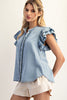 Washed ruffle trim flutter sleeve chambray blouse