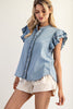 Washed ruffle trim flutter sleeve chambray blouse