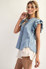 Washed ruffle trim flutter sleeve chambray blouse