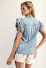 Washed ruffle trim flutter sleeve chambray blouse