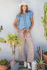 Washed ruffle trim flutter sleeve chambray blouse