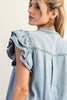 Washed ruffle trim flutter sleeve chambray blouse