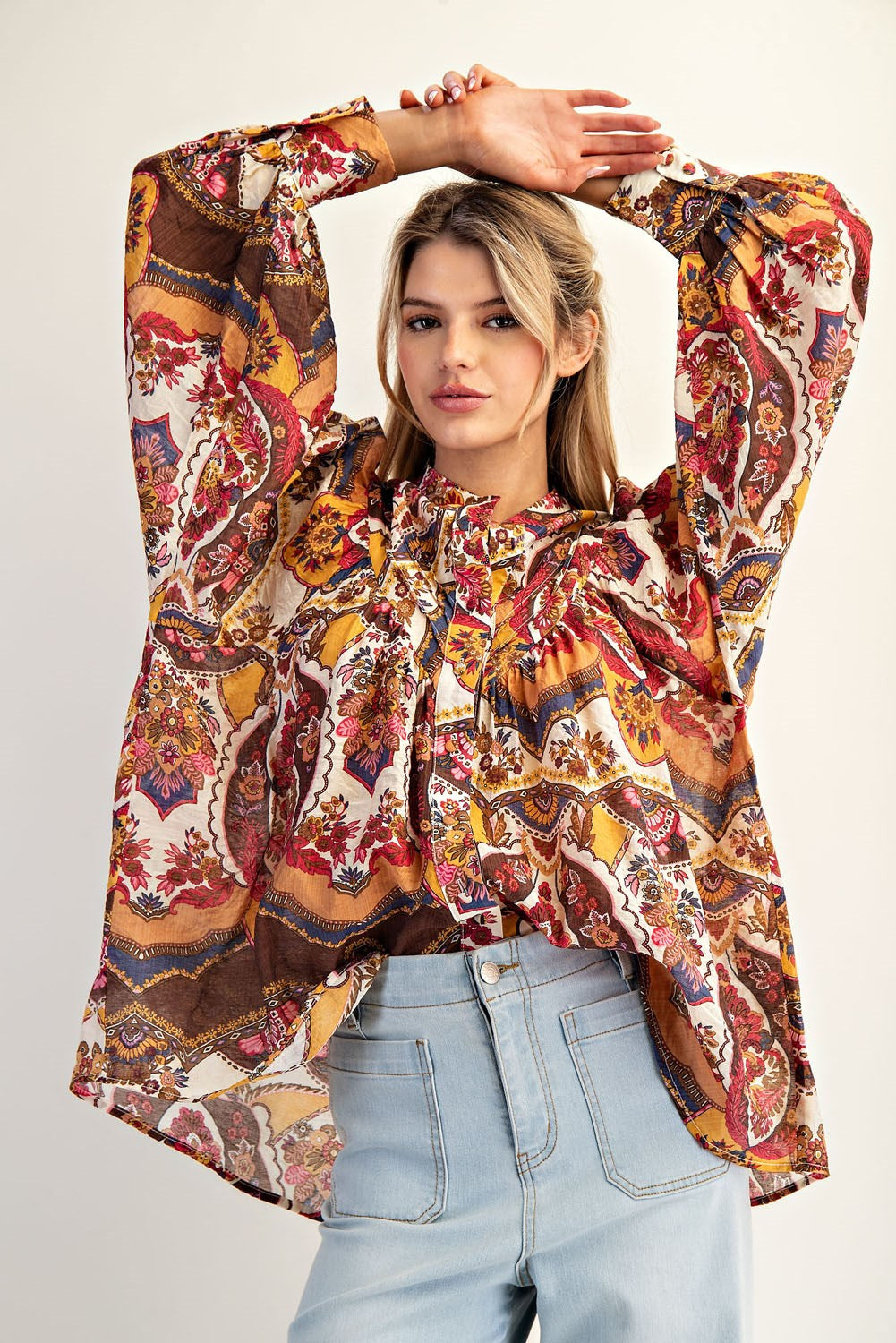 Printed button down long sleeve top