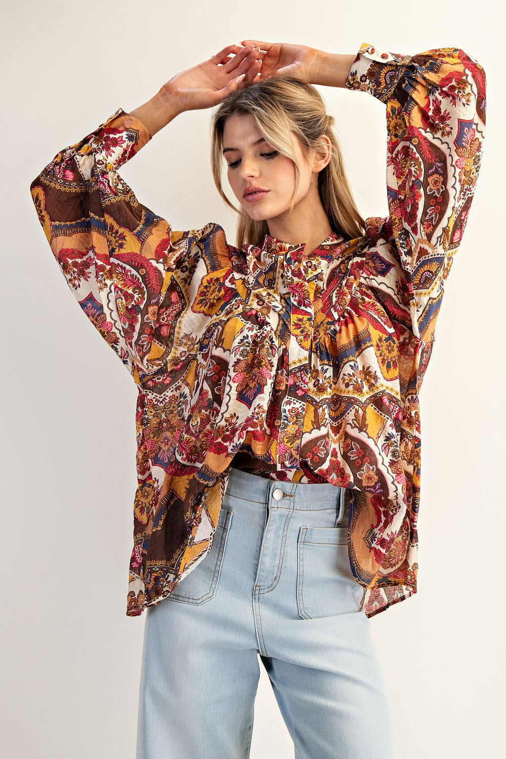 Printed button down long sleeve top