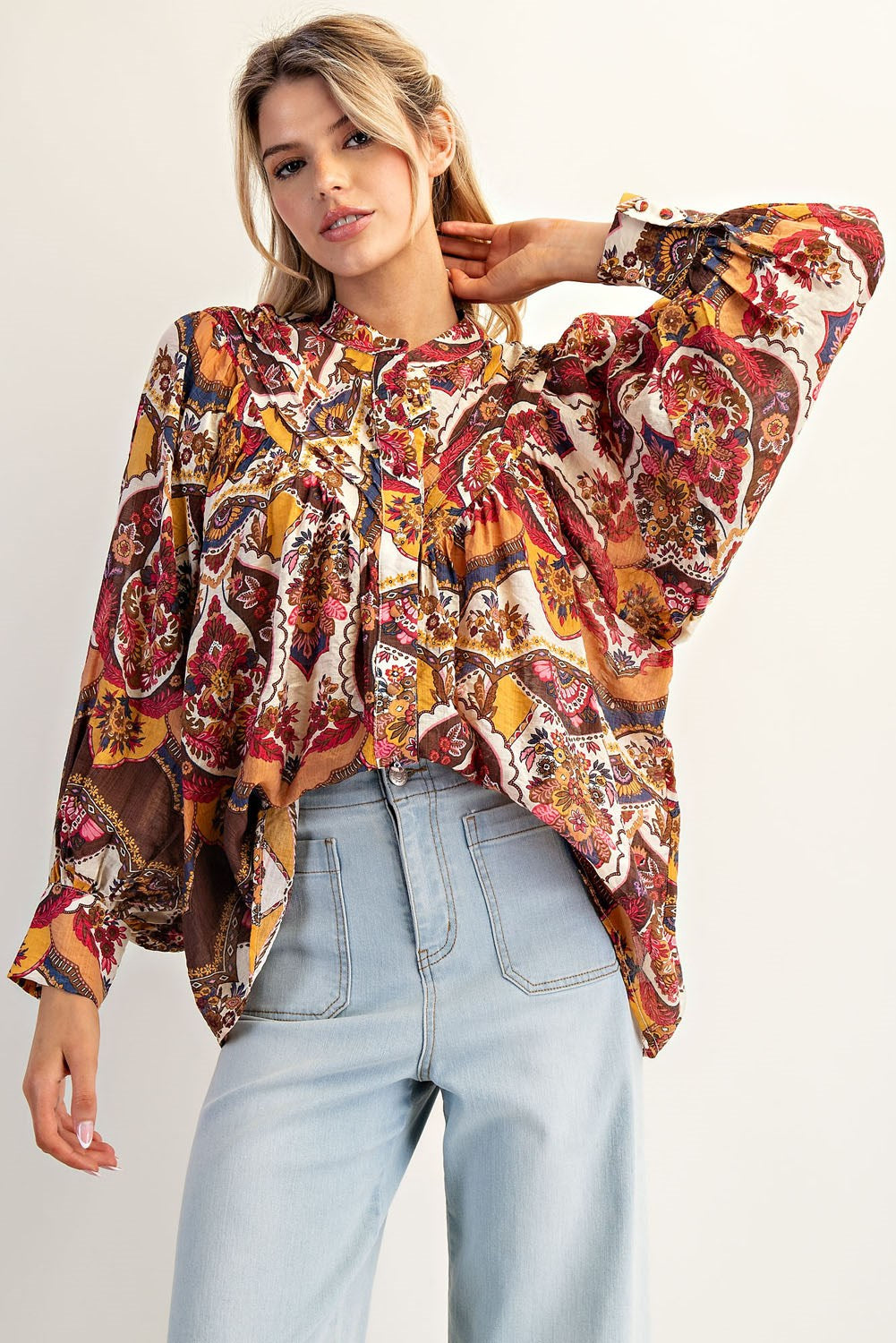 Printed button down long sleeve top
