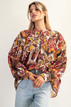 Printed button down long sleeve top