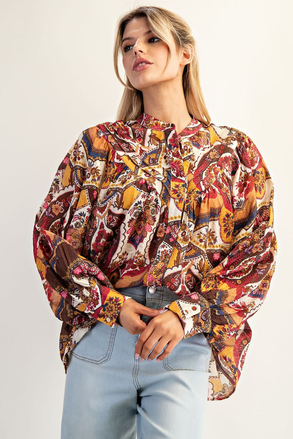 Printed button down long sleeve top