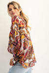 Printed button down long sleeve top