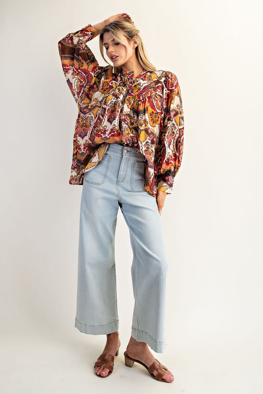 Printed button down long sleeve top