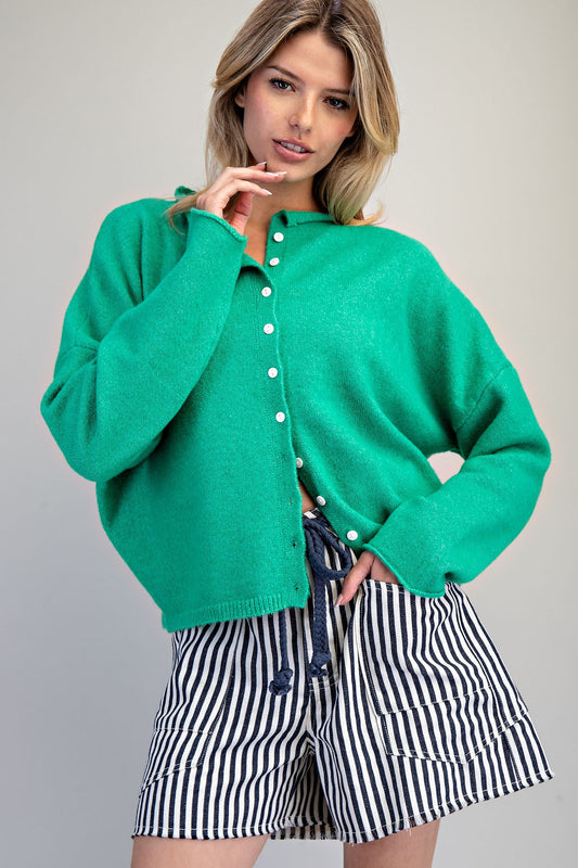 Solid Button Down Long Sleeve Cardigan