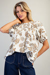 Floral Printed Puff Sleeve Pleated Top