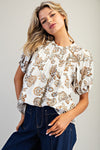 Floral Printed Puff Sleeve Pleated Top
